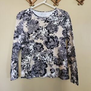 Croft & Barrow Classic Tee Long Sleeve Floral Small 100% Cotton Black Tan Gray